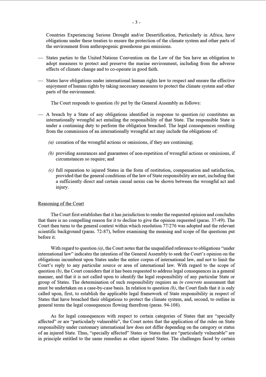 #ClimateChange #HumanRights and International Law: International Court of Justice advisory opinion, 'binding treaty obligations for States to ensure protection of climate and #environment from anthropogenic greenhouse gas emissions.' With obligation to 'full reparations.' #ICJ