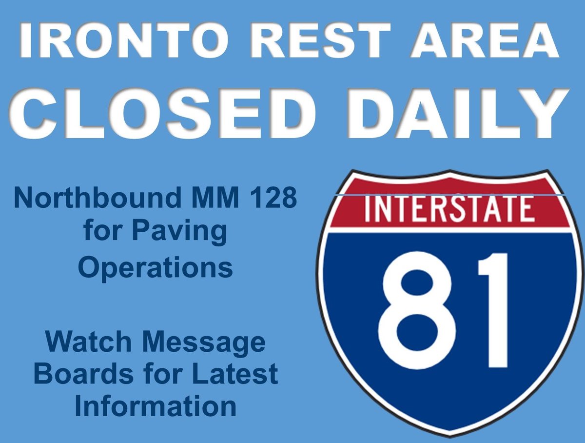 VaDOTSalem's tweet image. REMINDER - #I81 NB IRONTO REST AREA CLOSED DAILY FOR PAVING OPERATIONS MONDAY, July 28-Friday, August 1 in @montgomeryva. MORE at: vdot.virginia.gov/news-events/ne… @VaDOT @VaDOTStaunton @VaDOTBristol @VaTruckingAssn @VSPPIO