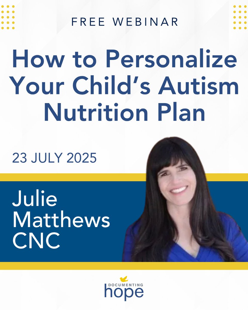 DocumentingHope's tweet image. Join us today at 1:00 pm EST for a webinar with Julie Matthews, CNC—renowned autism nutrition expert and co-author of a groundbreaking 12-month study on comprehensive nutritional support for ASD (PMID: 29562612). It’s not too late to sign up: documentinghope.com/webinar/how-to…