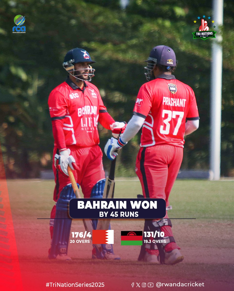 RwandaCricket's tweet image. Bahrain won by 45 runs against Malawi Malawi 131/10 in 19.3 overs Player of the Match: Ali Dawood – 4 overs, 17 runs, 4 wickets Gahanga Main Oval #TriNationsSeries2025
@bahraincricket
@cricketmalawi