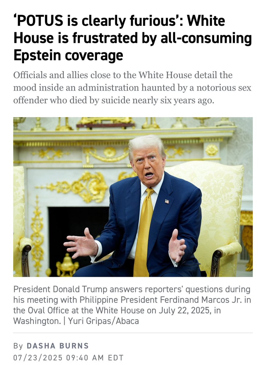 NEW: Donald Trump is ‘furious’ as he finds himself in an unfamiliar position — unable to control the Washington narrative and shake off the Epstein news cycles.

We take you inside the mood at the WH 👇