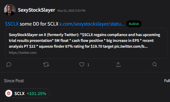 SexyStockSlayer's tweet image. Boom $SCLX there is your 100% move!
May Post:
"regains compliance and has upcoming trial results presentation • 5M float • cash flow positive • big increase in EPS • recent analysis PT $22"