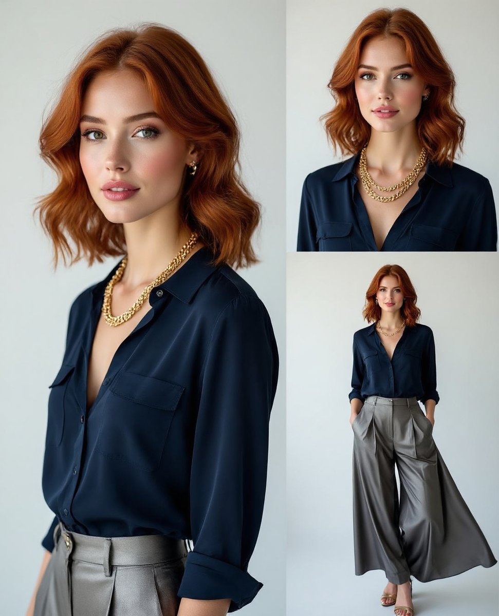StyleBarbarian's tweet image. Soft waves, copper tones, and tailored elegance — this look redefines modern femininity. A silk navy blouse and wide-leg satin trousers speak both comfort and confidence. Minimalist gold jewelry seals the deal. #ChicAndSharp #RedheadGlow #SoftPower