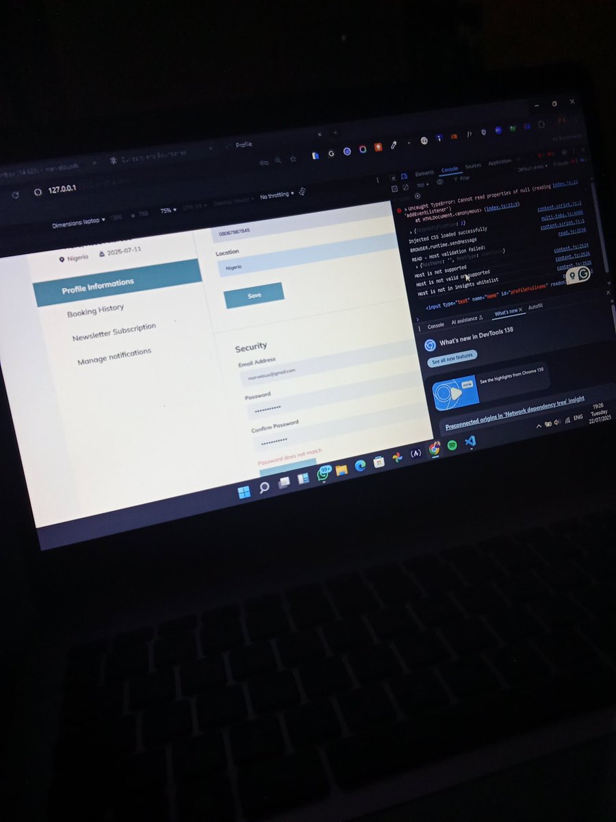 RoseMarvelous4's tweet image. Update on my ongoing travel booking website
I've been working on interactions lately like form validation and just making the website dynamic instead of a static design...it has been a slide of my code and the console tab 😁😂
