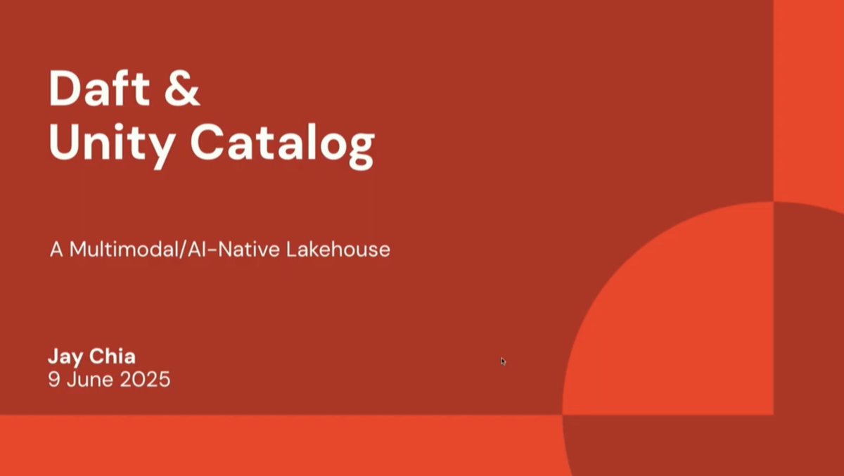 unitycatalog_io's tweet image. 🎥 Daft and Unity Catalog: A Multimodal/AI-Native Lakehouse
In this session, Jay Chia (Co-Founder, Eventual) walks through how the open-source @daftengine integrates with #UnityCatalog to manage and process multimodal datasets—images, video, documents, embeddings, and…