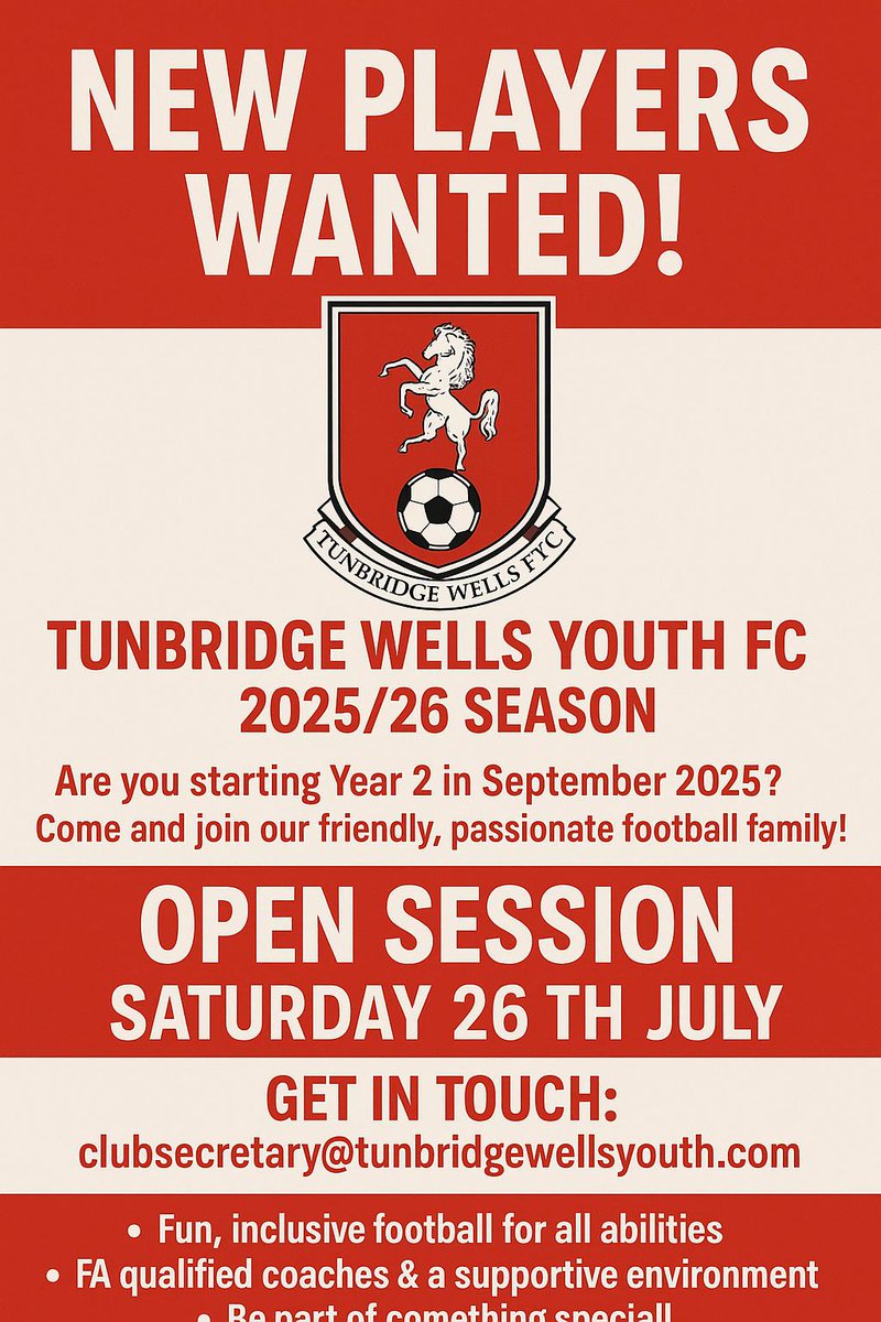 PLAYERS WANTED .... NEW U7s
Saturday 9am to 10am at The Ridgewaye.
tunbridgewellsyouth.com/find%20us.html