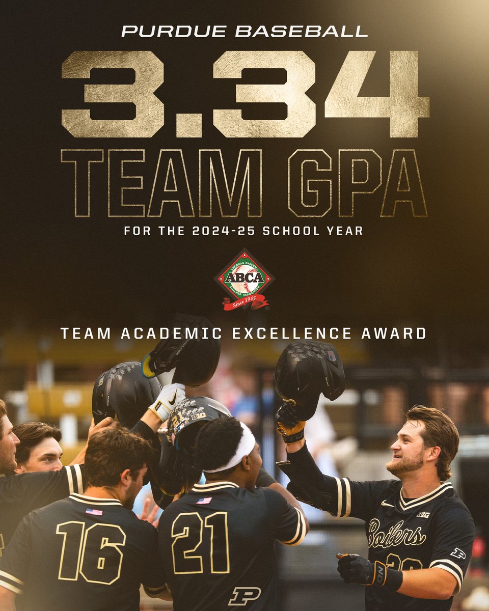 PurdueBaseball's tweet image. 4th year in a row on the @ABCA1945 Team Academic Excellence Award list.
Finished the 2024-25 school year with a program-record 3.21 cumulative Team GPA. #BoilerUp 📈⬆️