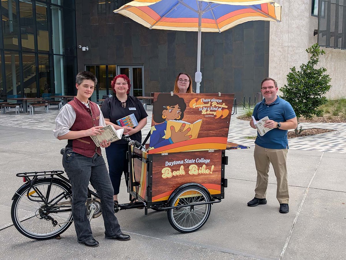 DSC is rolling out a mobile “Book Bike” with support from a $6,100 grant from the Northeast Florida Library Information Network (NEFLIN).  The custom-built, seven-speed book bike – built by Icycle Tricycles – features a front-mounted cargo box that unfolds into a mini library.