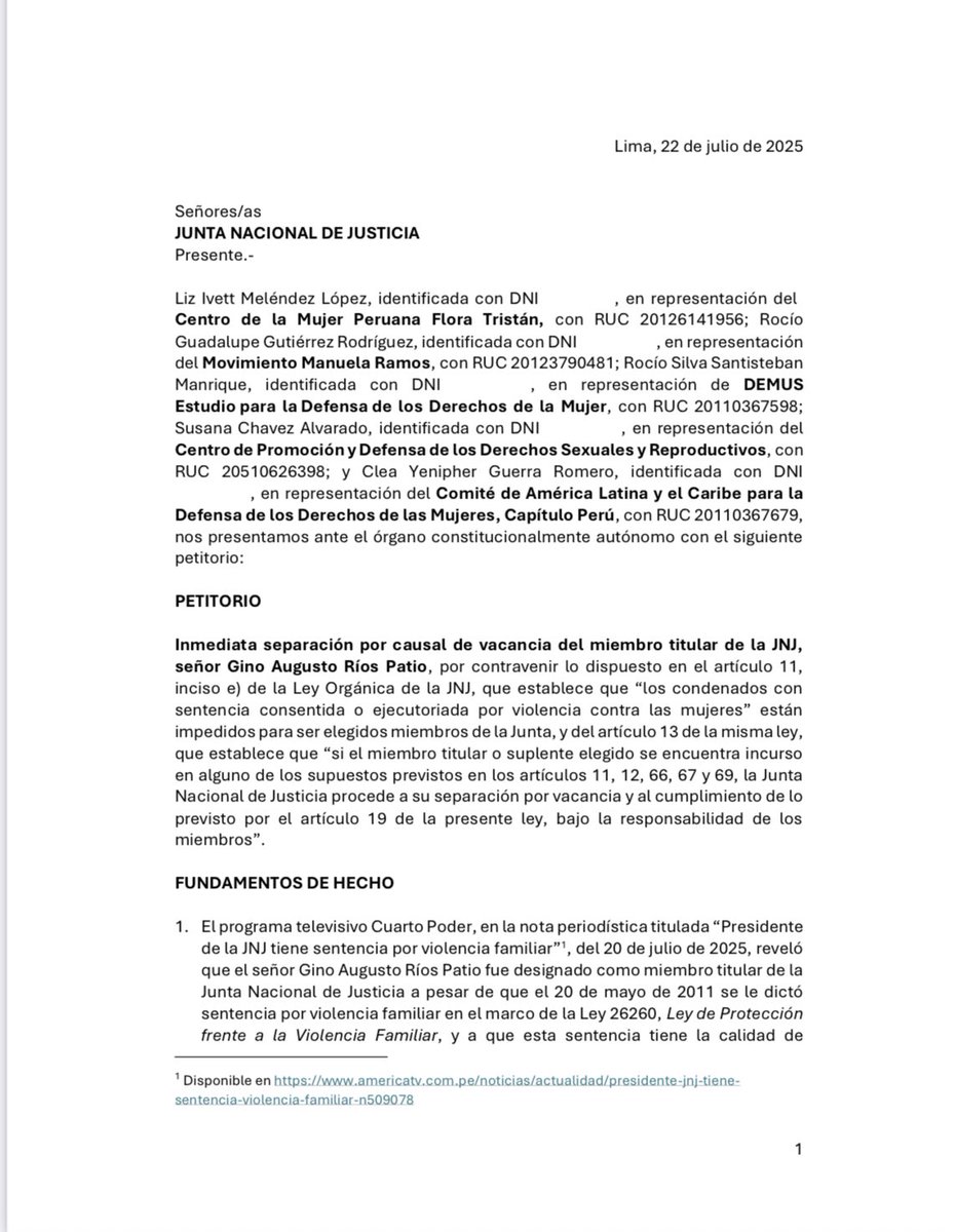 promsex's tweet image. Organizaciones feministas hemos suscrito un pedido de vacancia del Presidente de la Junta Nacional de Justicia (JNJ), Gino Ríos Patio, debido a una sentencia por violencia familiar. Solicitamos su inmediata separación por causal de vacancia, argumentando que su elección violó los…