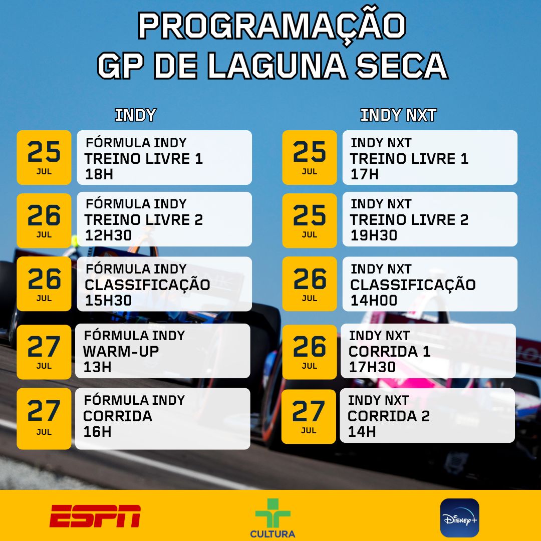 FormulaIndy's tweet image. MUITA AÇÃO NA PISTA NESTE FIM DE SEMANA!
Além da 14ª da Indy, Laguna Seca recebe uma rodada dupla da Indy NXT, que terá Caio Collet na pista. Confira a programação
#FormulaIndy
