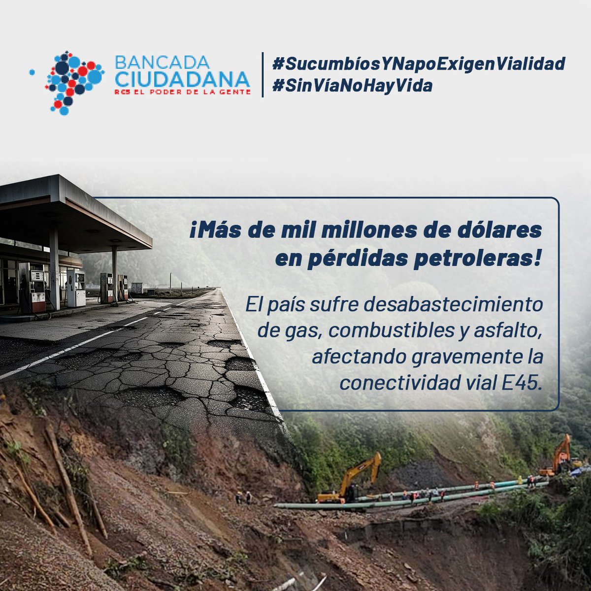 AsPatoChavez's tweet image. #SucumbíosYNapoExigenVialidad
¡Más de mil millones en pérdidas petroleras! El país sufre desabastecimiento por la erosión del río Coca y la inacción del Gobierno. El socavón no solo destruye el territorio, también arrastra la economía nacional. ¡Basta de indiferencia!…
