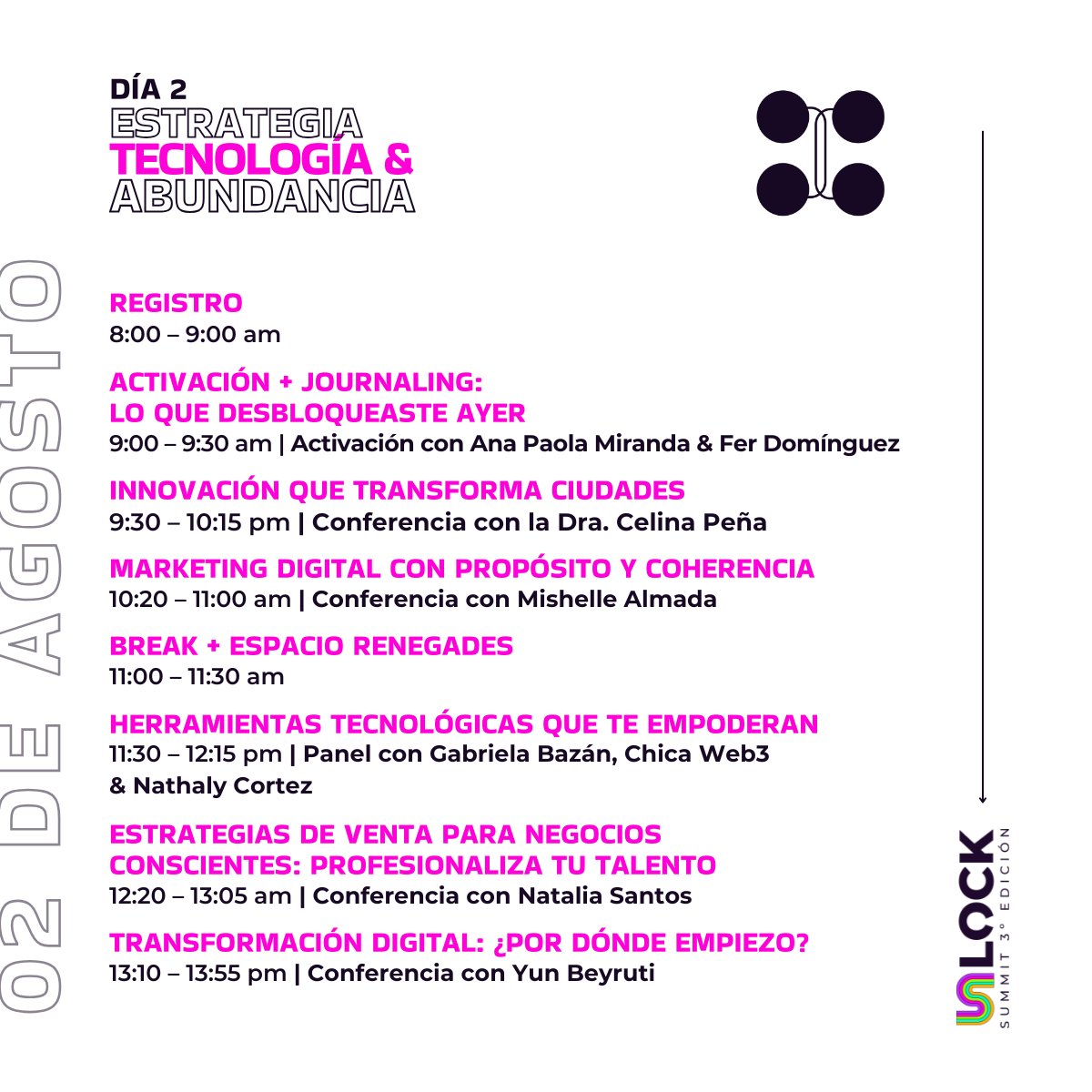 ¡Ya puedes conocer la agenda oficial de Unlock Summit 2025! 😃💜✨

En Zacatlán de las Manzanas nos esperan días de aprendizaje, inspiración y conexiones reales.

📍 1 y 2 de agosto serán días clave con:

💡 Innovación, herramientas digitales, IA y liderazgo.
🛠️ Workshops