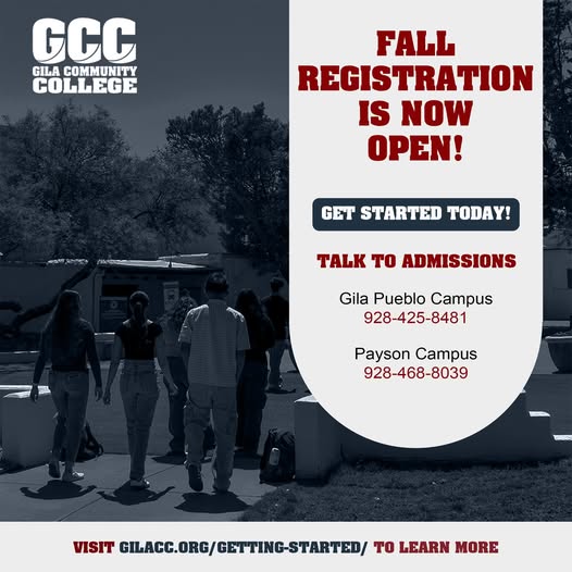 Register for Fall Classes at Gila Community College!
Student orientation in Payson and also Globe Thursday, Aug. 14, and mark-your-calendar for Welcome Back Barbecues in Globe Wednesday, Aug. 20 and the Payson campus Wednesday, Aug. 27