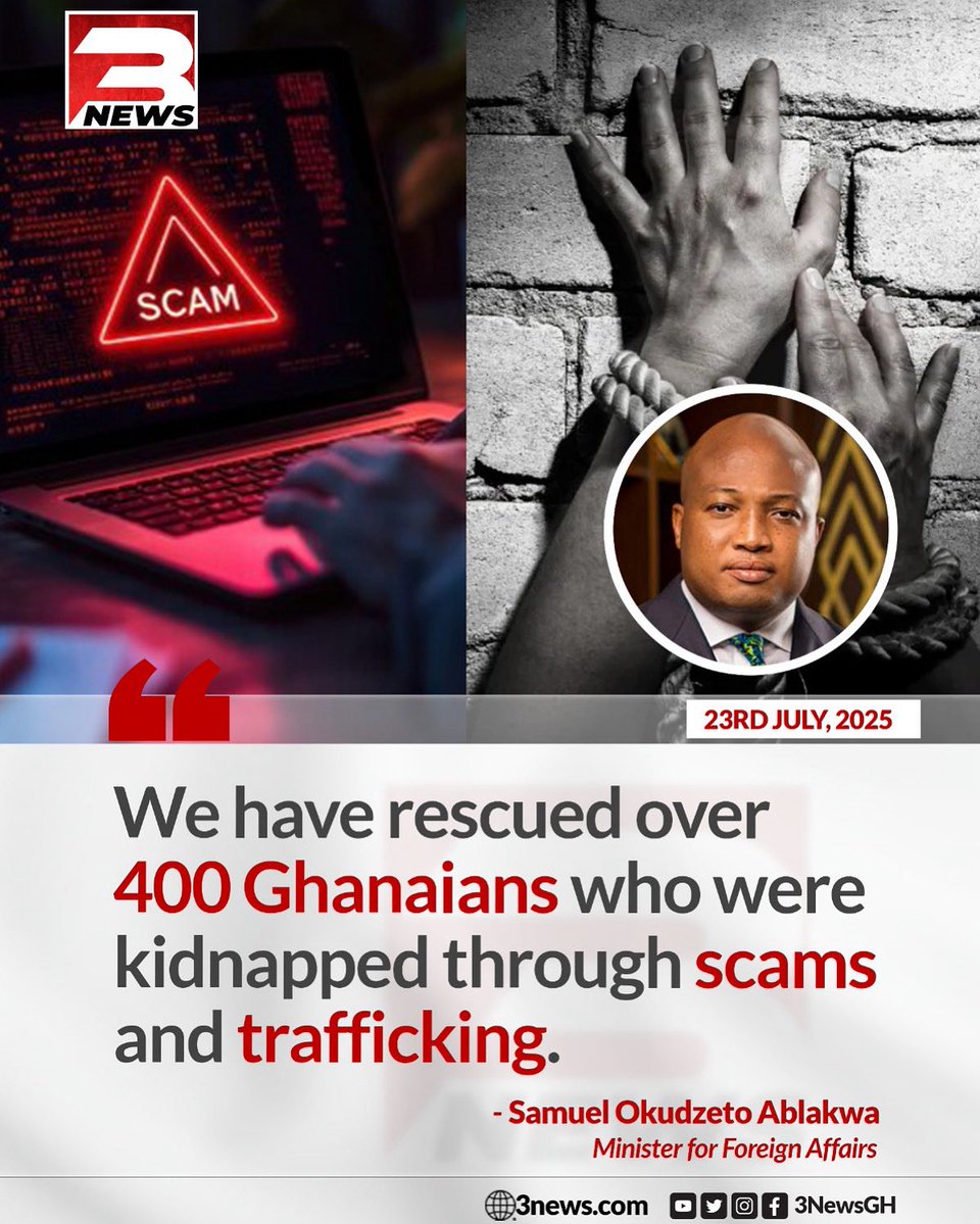 tv3_ghana's tweet image. Over 400 Ghanaians have been rescued from scam and trafficking, according to Foreign Affairs Minister Samuel Okudzeto Ablakwa.
#3NewsGH