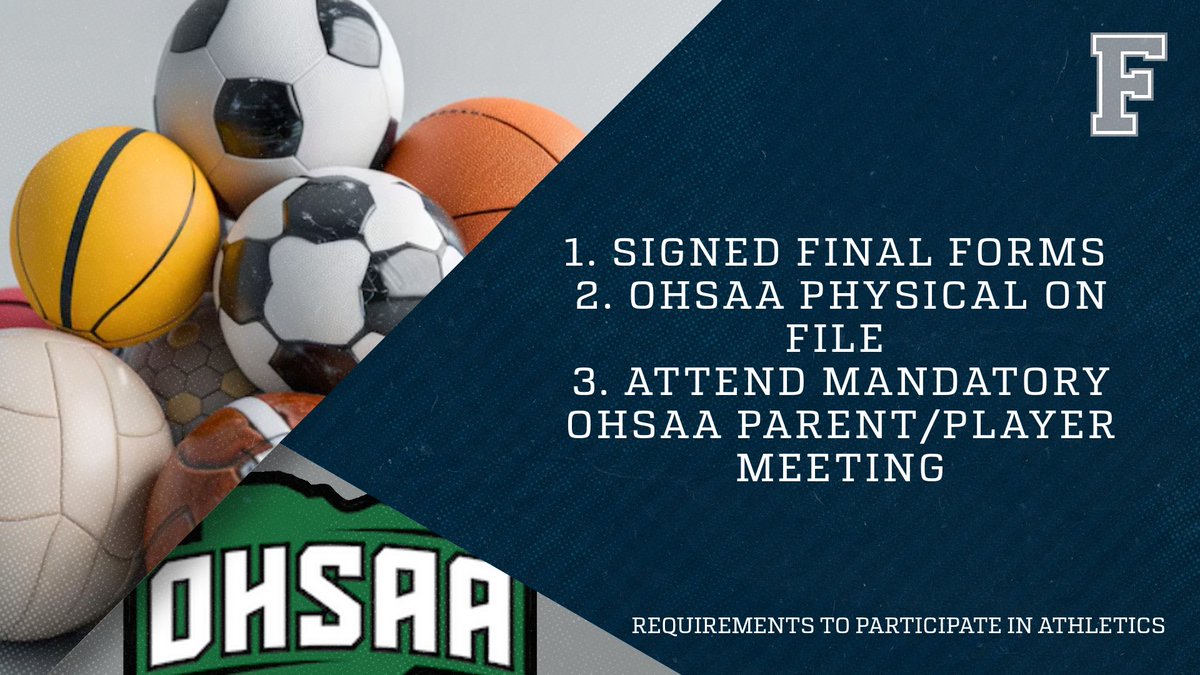 AthleticFalcons's tweet image. Attention Student Athletes &amp;amp; Parents - As we prepare for the Fall Athletic Season - Remember the three requirements to participate in athletics! Link to the OHSAA Physical Form - ohsaa.org/medicine/physi… #SOAR #GoFalconsGo