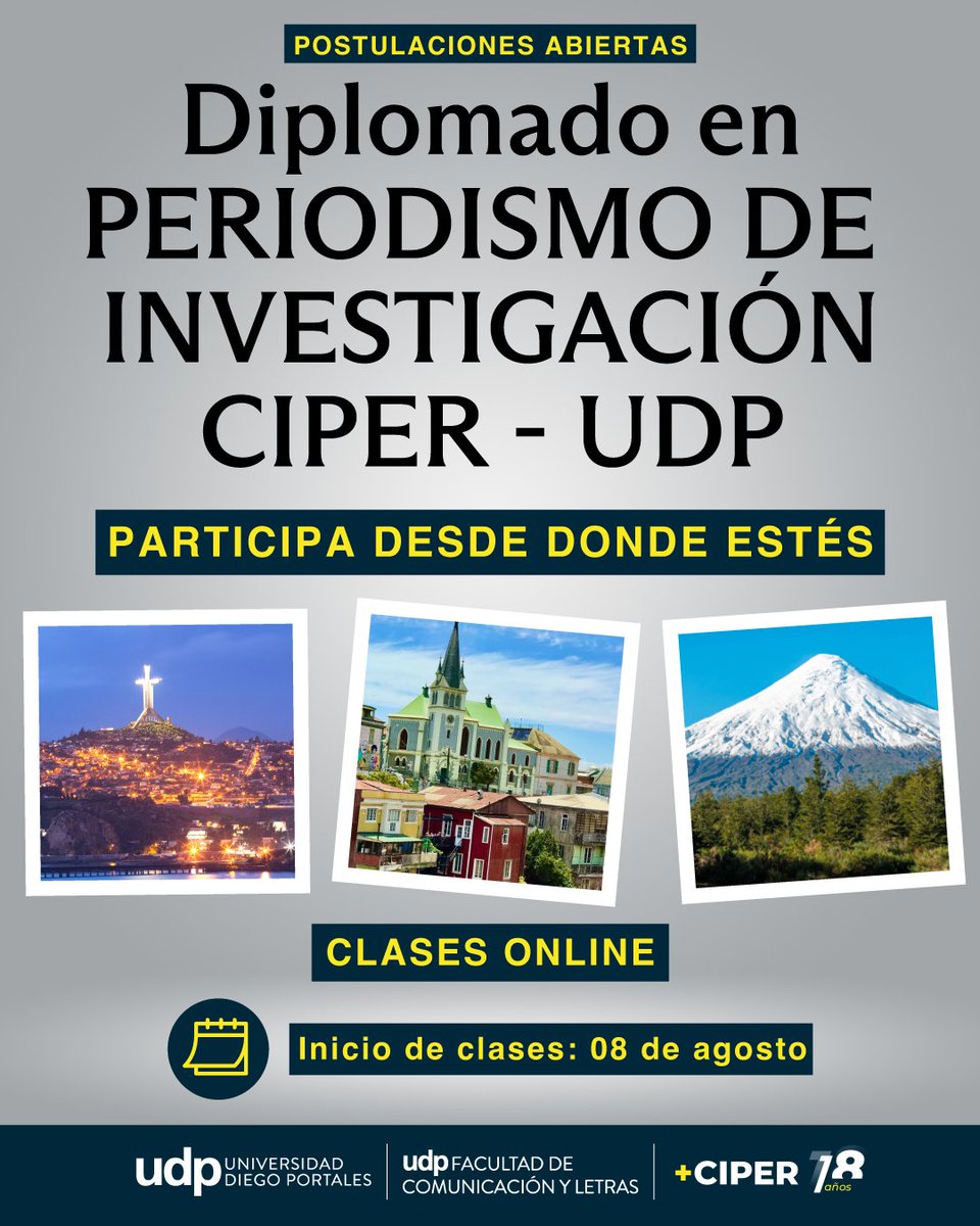 ciper's tweet image. ¿Quieres conocer el método CIPER desde tu región? 🔎 ¡Inscríbete en nuestro Diplomado de Periodismo de Investigación CIPER-UDP y apréndelo desde tu ciudad! Conoce más detalles aquí: posgrados.udp.cl/programas/dipl…