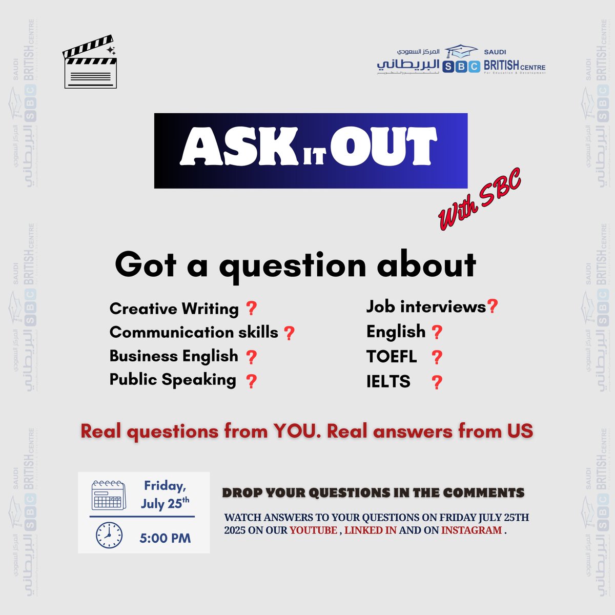 Got a question about English, TOEFL, IELTS, Job Interviews, or Communication skills?

It’s time to *ASK IT OUT with SBC*.

*Drop your questions in the comments* and *get expert answers* 

Watch 1st Episode of *ASK IT OUT with SBC*.  on our YouTube, LinkedIn, and Instagram on this