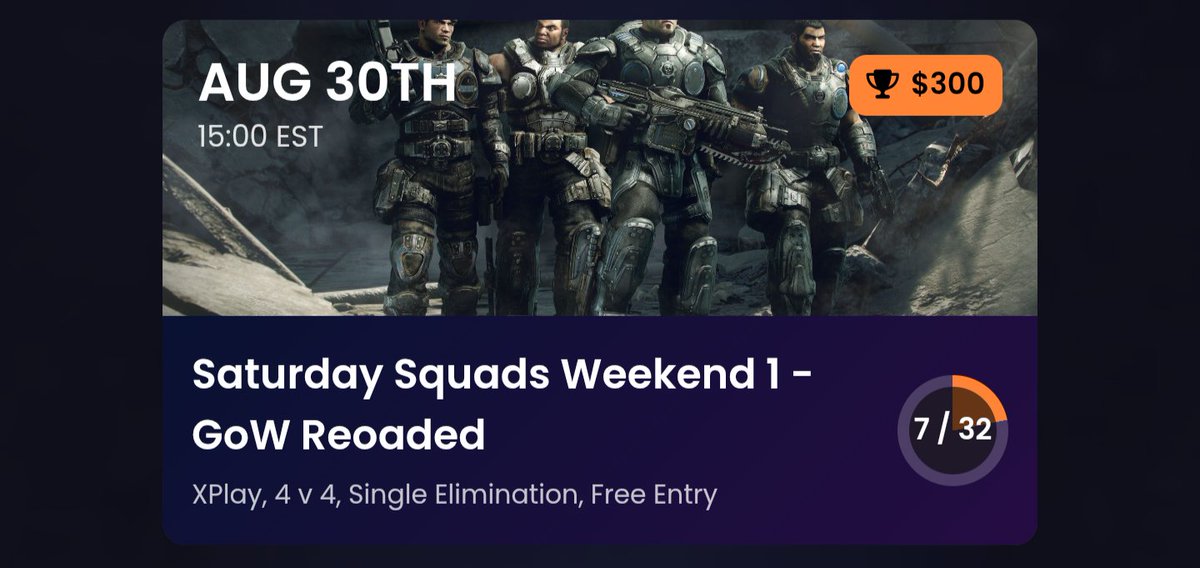 ⚠️ Two tournament Changes! 
UE squads on August 2nd changed to Free Entry, Start time 2:30EST , Prizepool $300 ,  Max 32 Teams

Gears Reloaded Squad August 30th , prizepool changed from $100 to $300!

Get your team signed up whilst you can 🤑
See you on the Battlefield