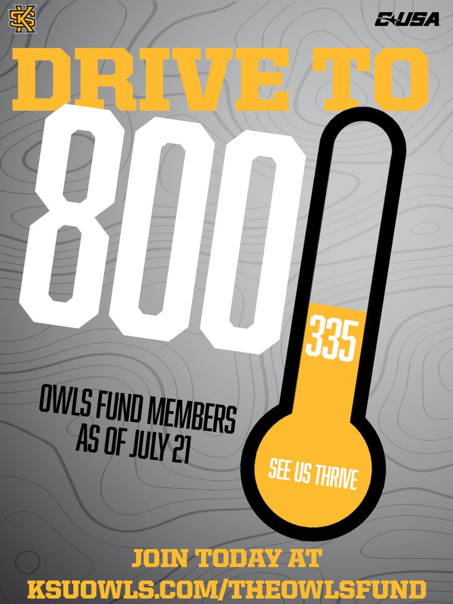 TheOwlsFund's tweet image. Our Drive to 8️⃣0️⃣0️⃣ is underway 📈
Join today and support your favorite KSU programs | KSUOwls.com/TheOwlsFund
#SeeUsThrive | #HootyHoo