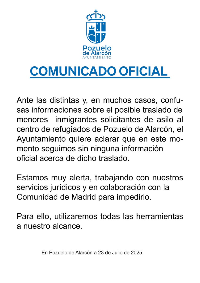 Seguimos sin ninguna información oficial acerca del posible traslado de menores inmigrantes solicitantes de asilo al centro de refugiados de Pozuelo. Estamos muy alerta y trabajando con todas las herramientas a nuestro alcance para impedirlo.