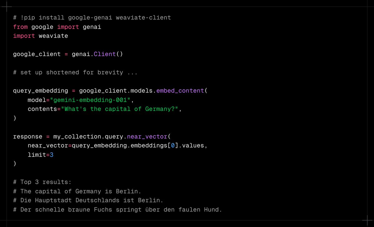 How to use the new Gemini Embedding Model with a Vector Database? @Weavite just dropped recipe notebook showing it! 

Gemini Embedding supports over +100 languages, ($0.15/1M tokens), Leverages Matryoshka Representation Learning for flexible output dimensions (768, 1536, 3,072)