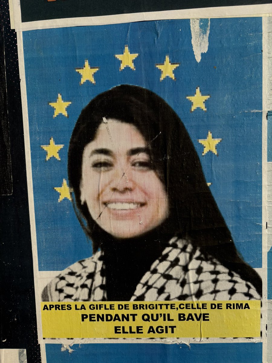 D’un point de vue sémiologique, l’incroyable prédation symbolique de cette affiche de Rima Hassan : elle pousse le cynisme jusqu’à s’approprier l’origine mariale du drapeau européen (et oui!) et l’auréole des saints catholiques. 😮🙄 
On appréciera aussi l’élégant « il bave » 🤷‍♂️