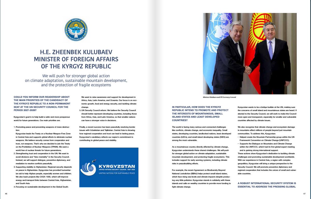 DiploWorld's tweet image. In light of the candidacy of the #Kyrgyz Republic 🇰🇬 to a non-permanent seat at the #UNSC 🇺🇳 for the period 2027-2028, Foreign Minister Zheenbek Kulubaev @MFA_Kyrgyzstan gave an interview to @DiploWorld outlining the country's priorities @kgembassybe
🔗 yumpu.com/en/document/re…
