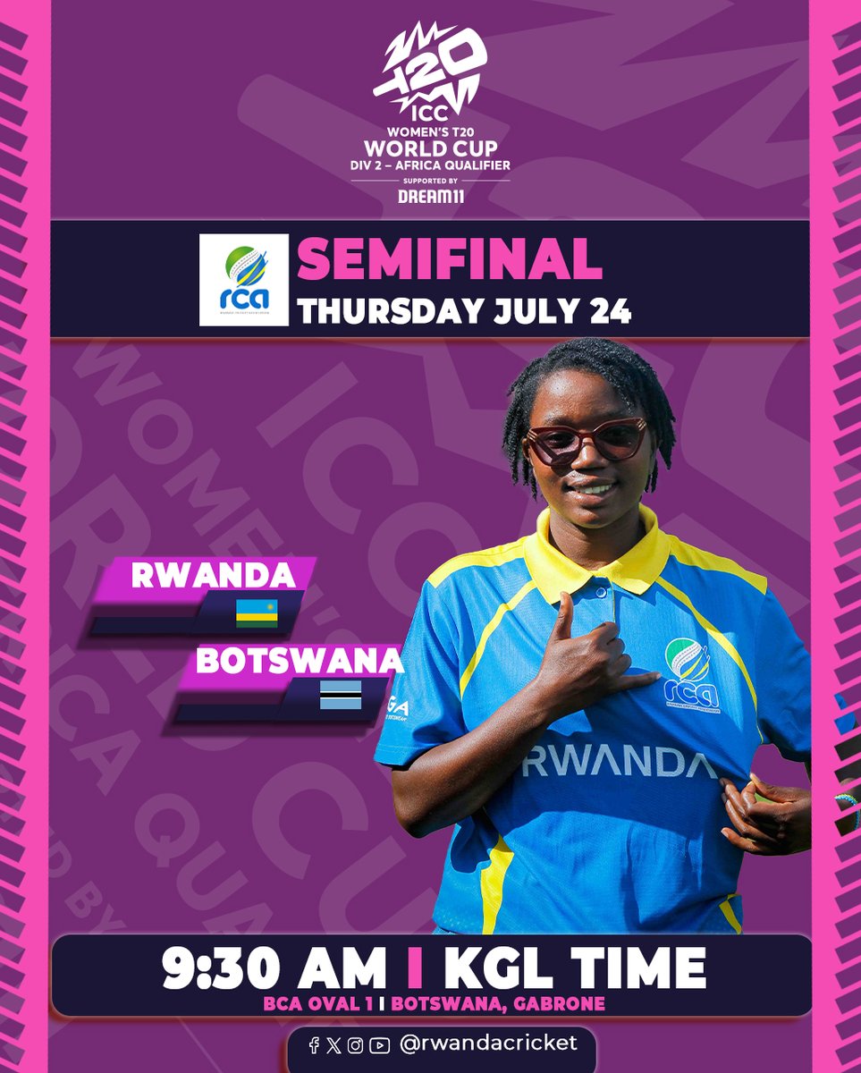 RwandaCricket's tweet image. Rwanda will face hosts Botswana tomorrow in the semifinal of the ICC Women’s T20 World Cup Division 2 Africa Qualifier.
Thursday, July 24
9:30 AM KGL time
BCA Oval 1, Gaborone
#GrowingWithEveryStep
@stevoem
@CharlesHaba
@SrinathVardhine
@Rwanda_Sports