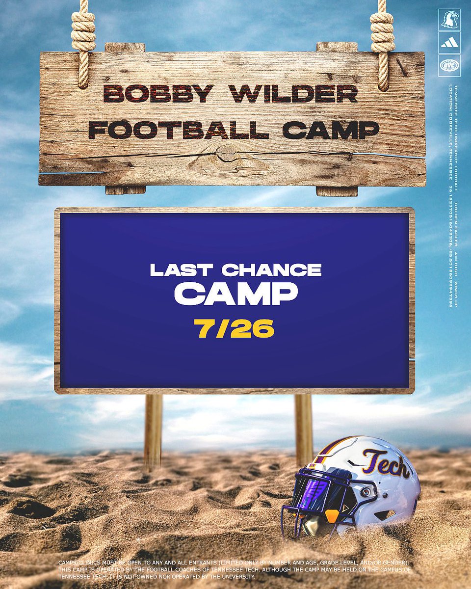 TNTechFootball's tweet image. 🚨LAST CHANCE CAMP🚨
We will be hosting our Last Chance Camp this Saturday, 07/26.
Register now with the link below⬇️
🔗 …bbywilderfootballcamps.totalcamps.com/About%20Us 🔗
#AimHigh | #WingsUp