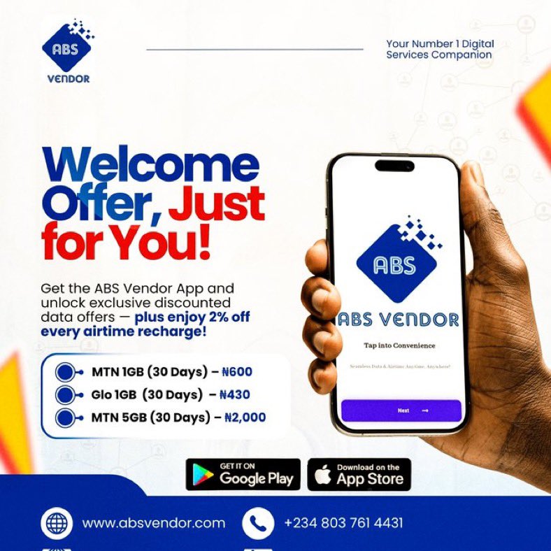 eludayo_1's tweet image. π Welcome Offer Alert!
MTN 1GB now just β¦600 β for a few hours only!
Glo 1GB β β¦430 |MTN -5GB (30 Days) β β¦2,000
Plus, get 2% off all airtime recharges!
π² Download ABS Vendor App:
*absvendor.com/appdownload.php*
Join WhatsApp Channel on
*whatsapp.com/channel/0029Vaβ¦*
Donβt miss it ββ¦