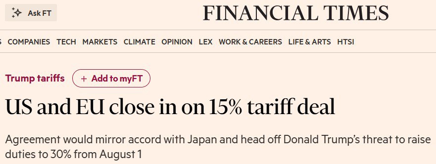 ultimora_pol's tweet image. Financial Times — Stati Uniti e Unione Europea vicini ad accordo: dazi al 15%
🗞️
@ultimora_pol