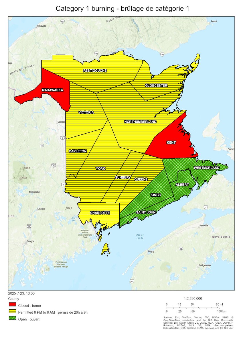 NBForestFires's tweet image. Burning conditions are valid from 2 PM July 23 to 2 PM July 24. The following counties are closed for burning: Kent, Madawaska. The following counties are open for burning: Albert, Kings, Saint John, Westmorland. In all other counties burning is permitted between 8 PM and 8 AM.