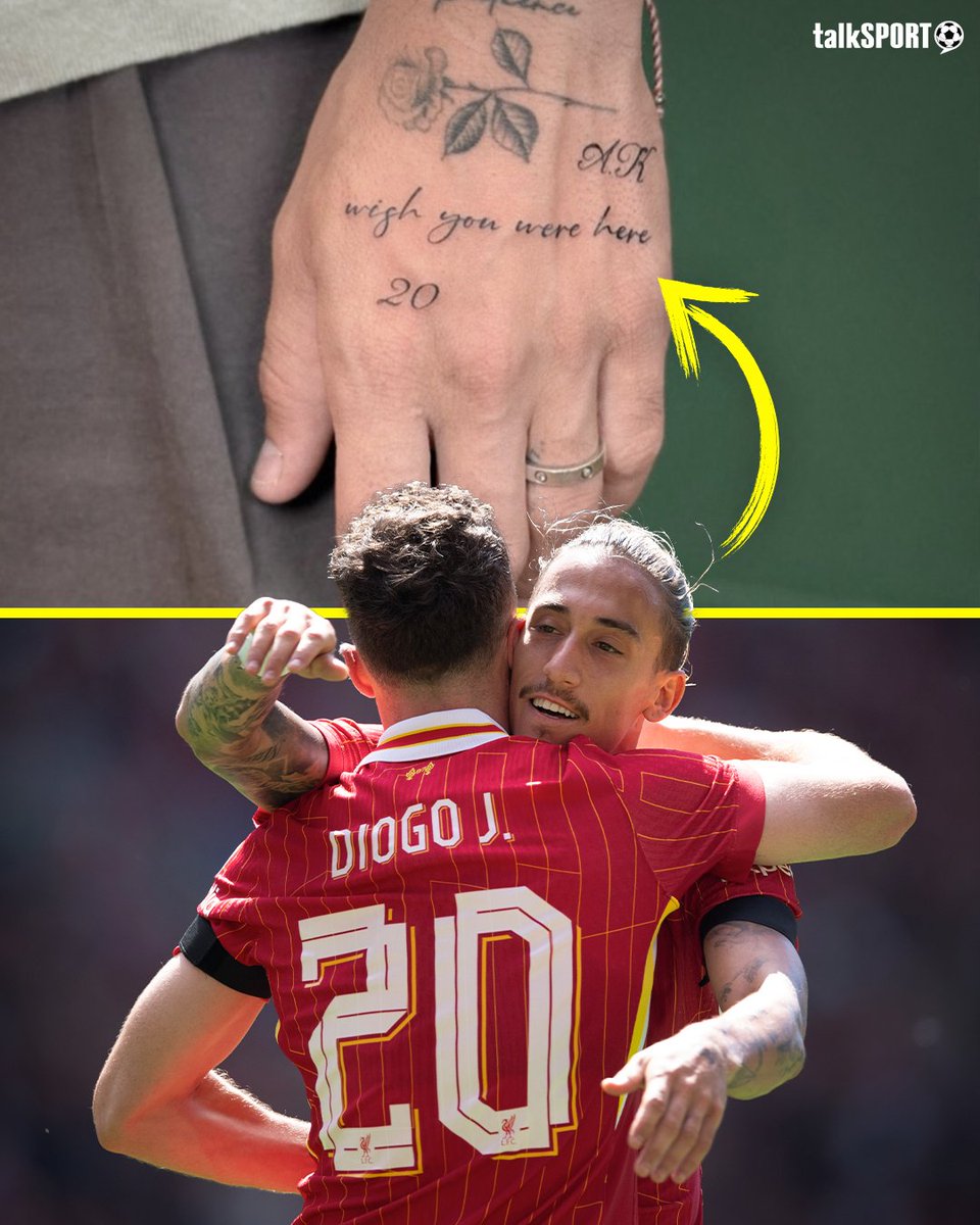 talkSPORT's tweet image. Kostas Tsimikas has honoured Diogo Jota with his new tattoo:
"Wish you were here, 20." 🥺
A beautiful tribute to his late Liverpool teammate. ❤️