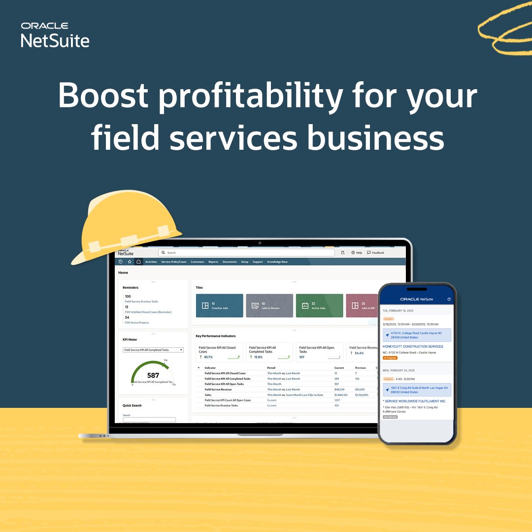 NetSuite's tweet image. From planning to payment, our field service management solution pairs perfectly with SuiteProjects to help you optimize resources, improve reporting, and deliver a better service. social.ora.cl/6016fy7mj #FieldService