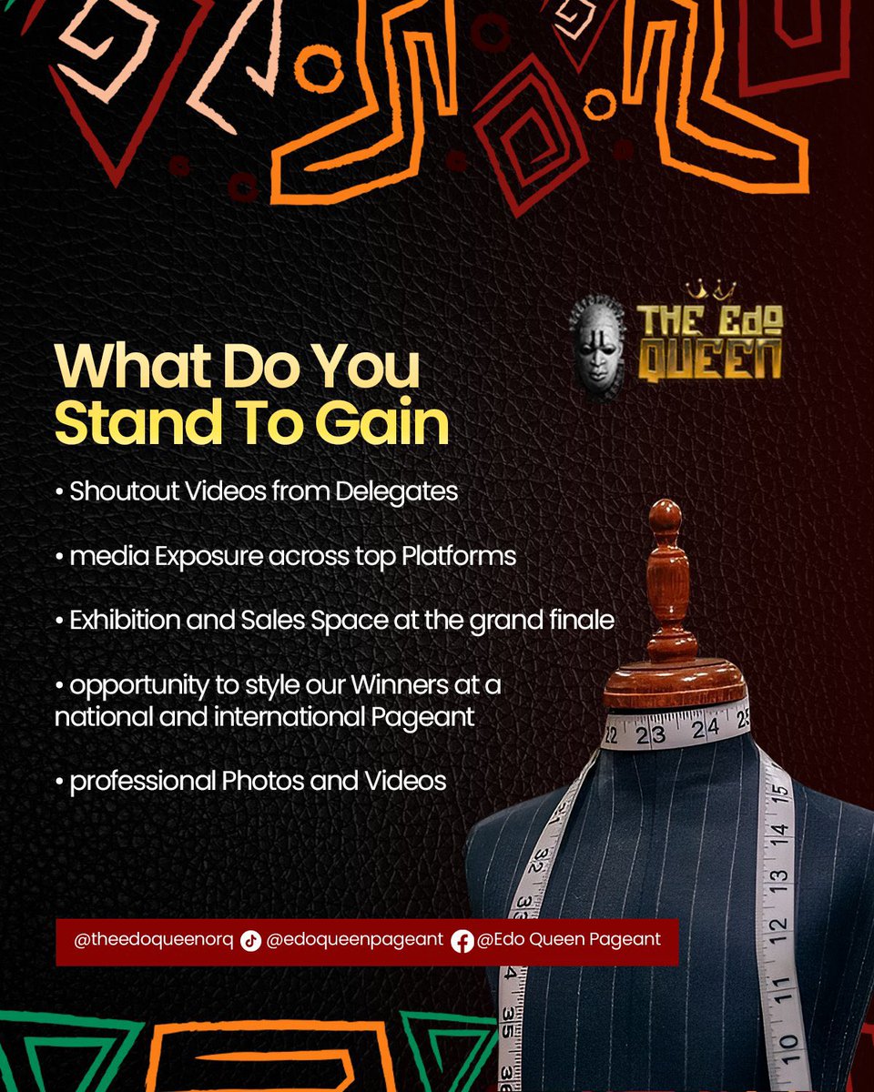 peace_igho's tweet image. Are you a fashion designer from Edo state??
@karterempire offers you an opportunity to showcase your exceptional creations to Edo State and the global audience at THE EDO QUEEN pageantry.
To participate, please contact the provided phone number or send a DM to @karterempire.