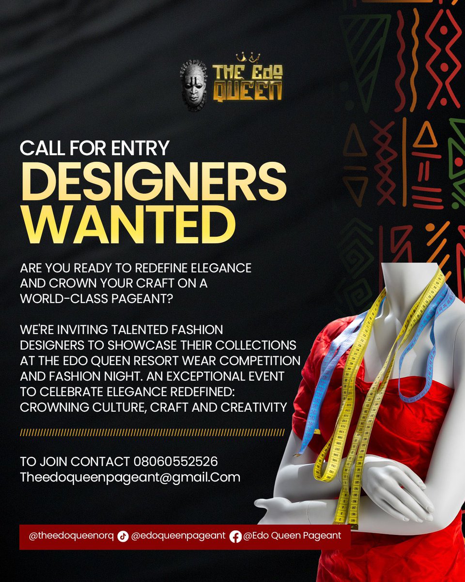 peace_igho's tweet image. Are you a fashion designer from Edo state??
@karterempire offers you an opportunity to showcase your exceptional creations to Edo State and the global audience at THE EDO QUEEN pageantry.
To participate, please contact the provided phone number or send a DM to @karterempire.