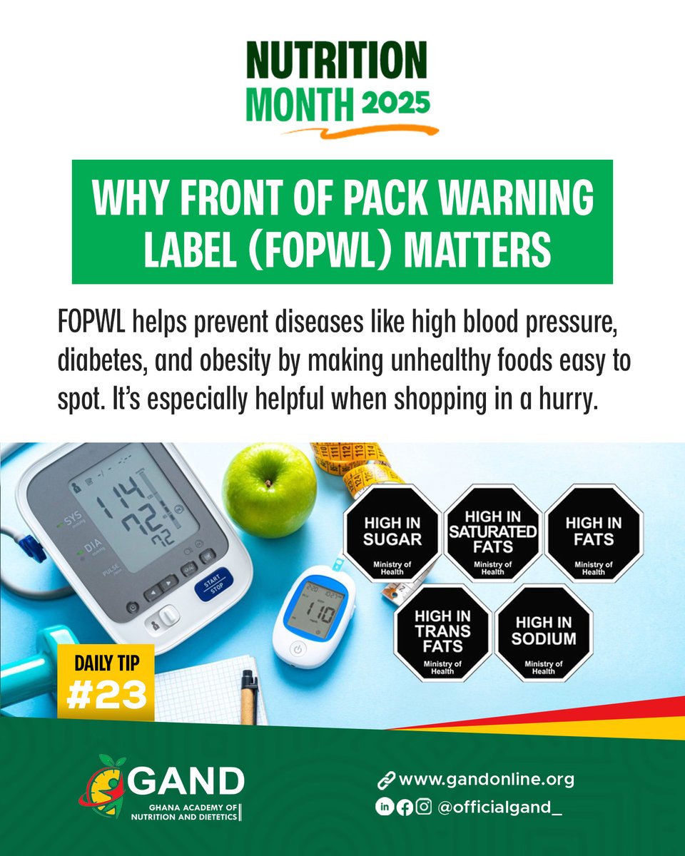 🟢 DAY 23 🔥

To be informed is to be empowered. Remember the FOPWL summarises the nutrient content of the food. Just a few seconds of reading can prevent health conditions like high blood pressure, diabetes and obesity.

#NNM2025 #GAND #FOPWL #healthyliving #foodlabelliteracy