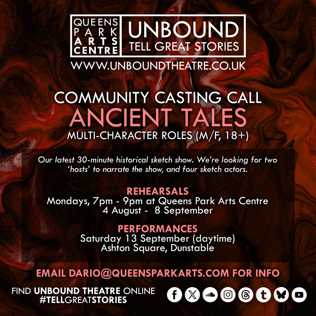 UnboundTheatre's tweet image. CASTING CALL
Two more opportunities to get involved in Unbound's latest theatre projects! If you're interested in joining either (or both!) of these exciting new shows, then get in touch via dario@queensparkarts.com
#TellGreatStories