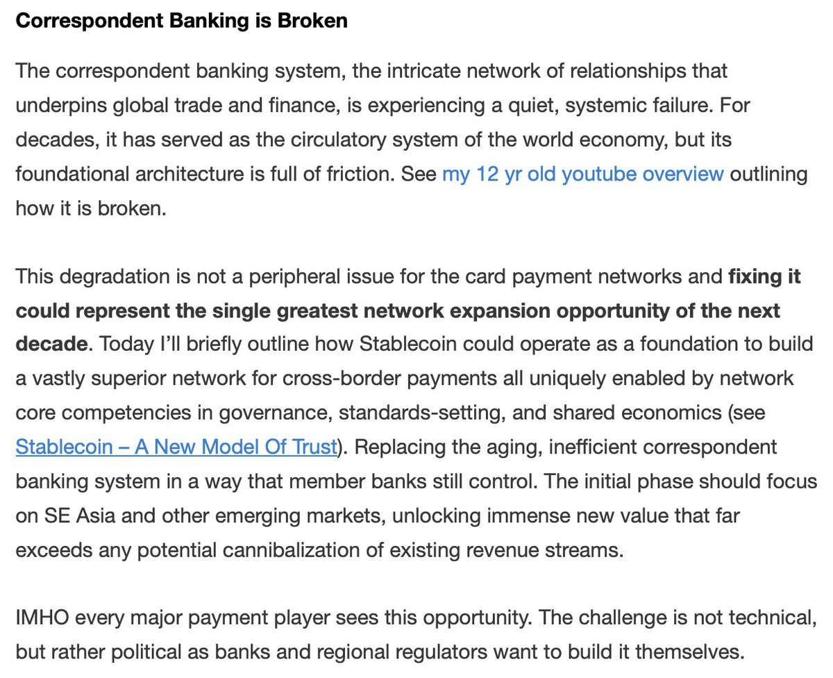 Long blog - Why Stablecoins represent the biggest card network growth opportunity in the next 10 yrs.  Both network expansion and volume. V/MA are  already leading the way. Today's blog is focused on how stablecoins solve cross border with an overview of what is happening and
