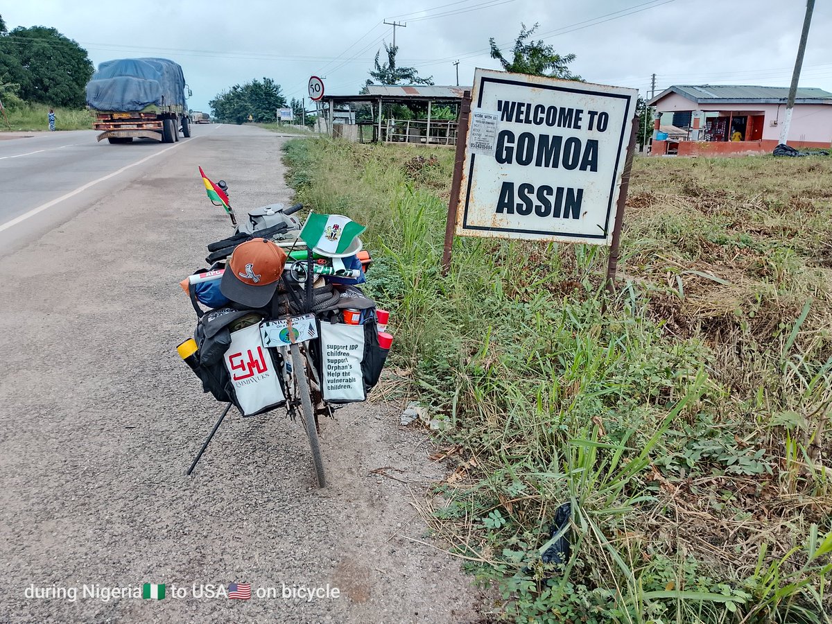 DAY 24 PROJECT – 🇳🇬NIG2USA🇺🇲  ON 🚴
 JUST ARRIVED IN GOMOA ASSIN.
Finally made it to Gomoa,  after a long, emotional day on the road.
I thought it was Gomorrah 😁, my eyes was seeing double. 

The journey hasn’t been easy,  dust, rain, tough moments, but your support keeps me