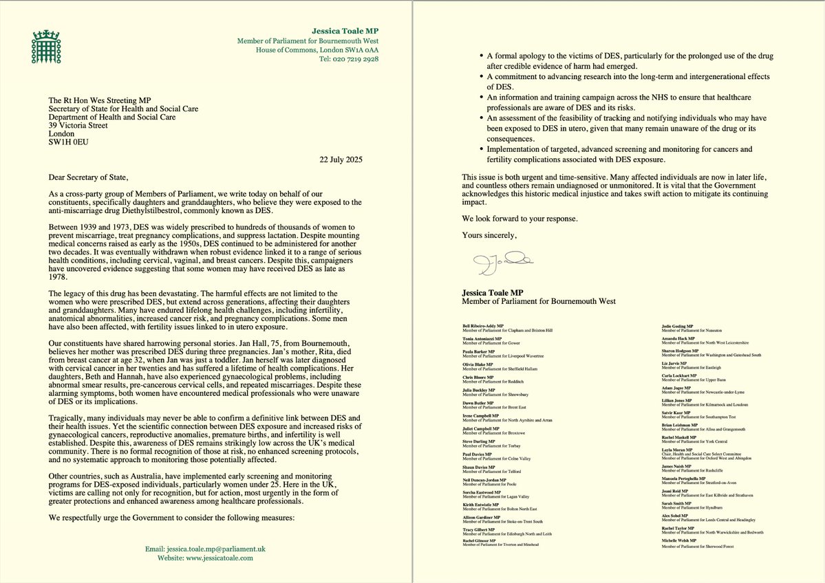 JessicaToale's tweet image. I&apos;m leading 36 MPs calling for justice over DES - a pregnancy drug that caused cancer across generations, affecting 300,000+ women including my constituents.

Full details of the story covered by @itvnews:
itv.com/news/2025-07-2…

My letter to Health Secretary @wesstreeting ⬇️
