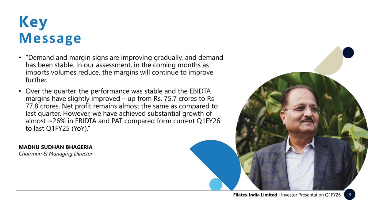 _Investor_Feed_'s tweet photo. Filatex India’s Growth & Sustainability Push: Recycling Tech, Renewable Energy & Market Potential 🌱📊 | MCap 2,592.56 Cr

- Pilot plant for polyester waste recycling launched (1.5 tonnes/day), scaling to 27,000 MTPA.
- Ecosis tech introduced for textile-to-textile recycling, a circular economy breakthrough.
- Polyester dominates global fiber market (57.2% share in 2023).
- India’s per-capita fiber consumption (5.5 kg) lags global avg. (11 kg), signaling MMF growth potential.
- 26% of power sourced from renewables in FY24-25.
- Q1FY26 revenue: ₹1,049.40 Cr (-2.83% QoQ, -0.47% YoY).
- EBITDA margins improved QoQ (₹75.7 Cr → ₹77.8 Cr); YoY EBITDA/PAT up ~26%.
- Net profit stable at ₹40.74 Cr (standalone).
- Demand/margins improving gradually; import reduction may further stabilize growth.

Complete Source: https://t.co/hWUzDp4YGX

Disc: Information provided in this tweet can be inaccurate, verify through the source before making any investment decision.

Preview 👇 (First 4 out of 26 pages)