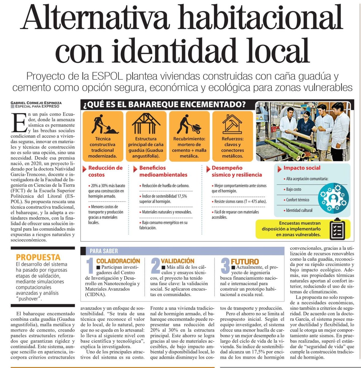 espol's tweet image. #ESPOLenlasNoticias
@Expresoec destaca la propuesta de la docente de @FictESPOL, Natividad García: viviendas sismorresistente construidas con bahareque encementado, que consiste en una estructura de caña guadúa y recubrimiento de mortero. Una solución segura, económica y con…