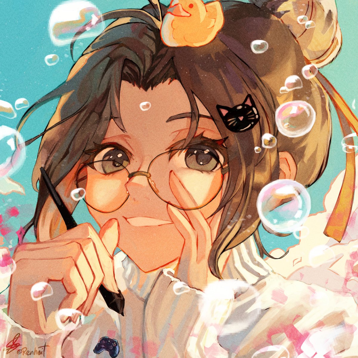 Renheit_'s tweet image. Decided it was time to finally have a decent profile image, so why not draw myself in my style?
I added a few details here and there of things I like and rapresent me, I hope you like this portrait! ❤️
#digitalart