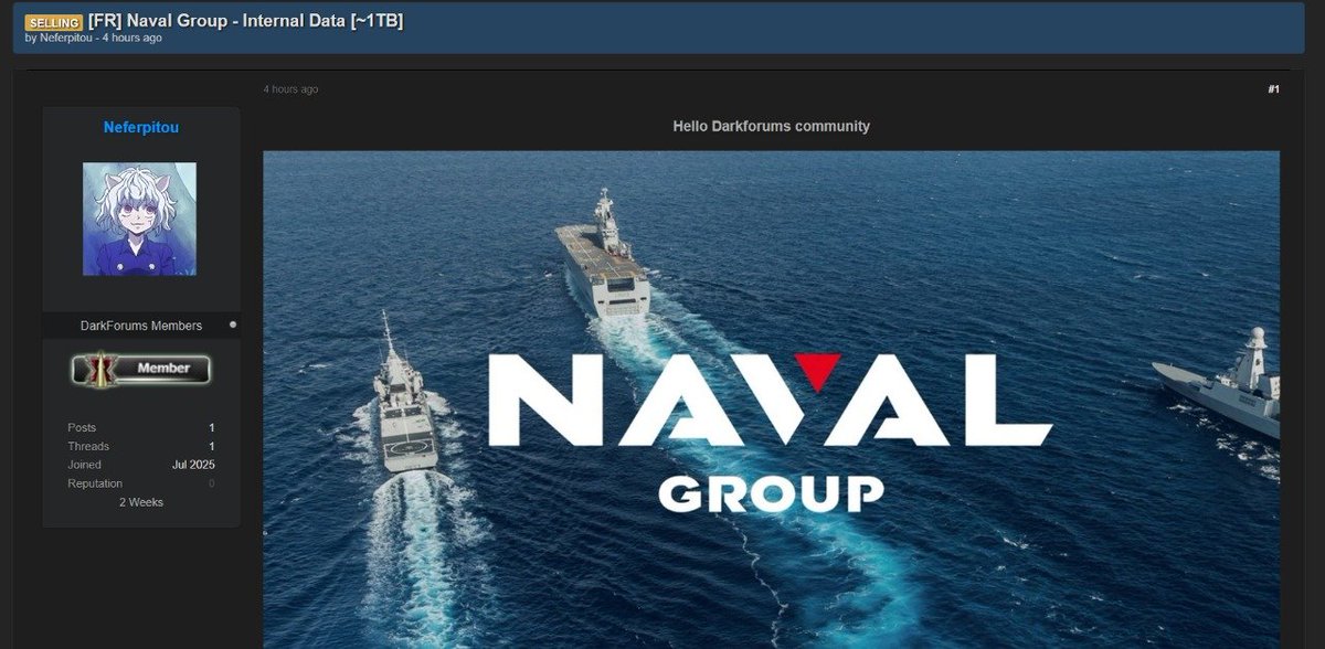 OpexNews's tweet image. 🚨 Cyberattaque présumée contre #NavalGroup
Des hackers revendiquent le vol de données sensibles : code source de systèmes de combat, documents techniques, accès réseau, VM de développeurs, échanges confidentiels.
Étonnant, quand on sait que Naval Group dispose de son propre…