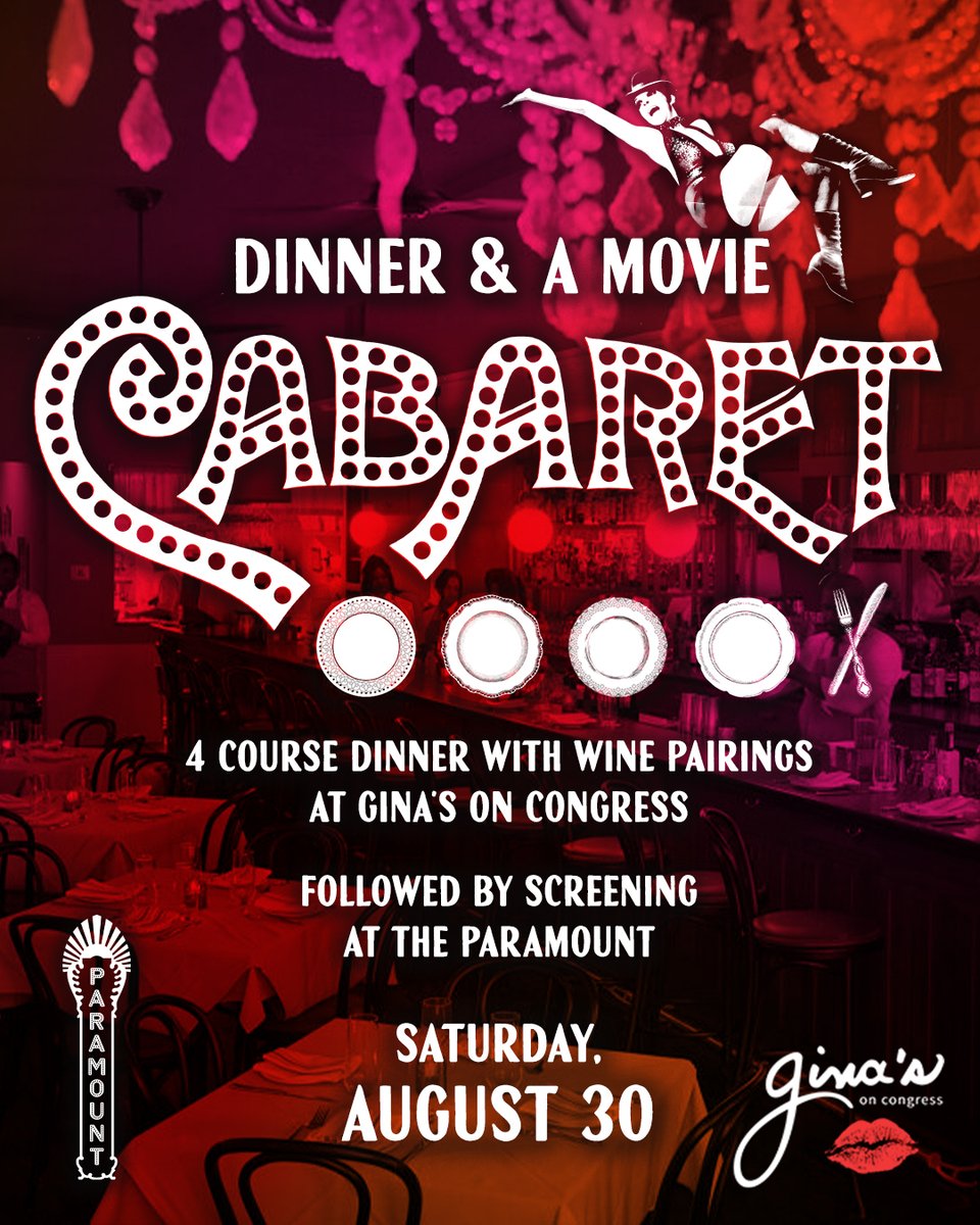 ParamountAustin's tweet image. The Paramount and Gina's On Congress present a 4-course dinner with wine pairings + a 35mm screening of CABARET on 8/30 🥂 Join our Film Programmer for an intimate dinner and celebration of the Summer Classic Film Series during the Closing Weekend.
🎟️ bit.ly/4m2e1uy