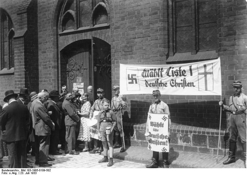 VoicesofWW2's tweet image. German Nazi Party electioneers at Mary's Church (Marien Kirche) in Neuenmarkt, Bavaria, Germany, 23 Jul 1933