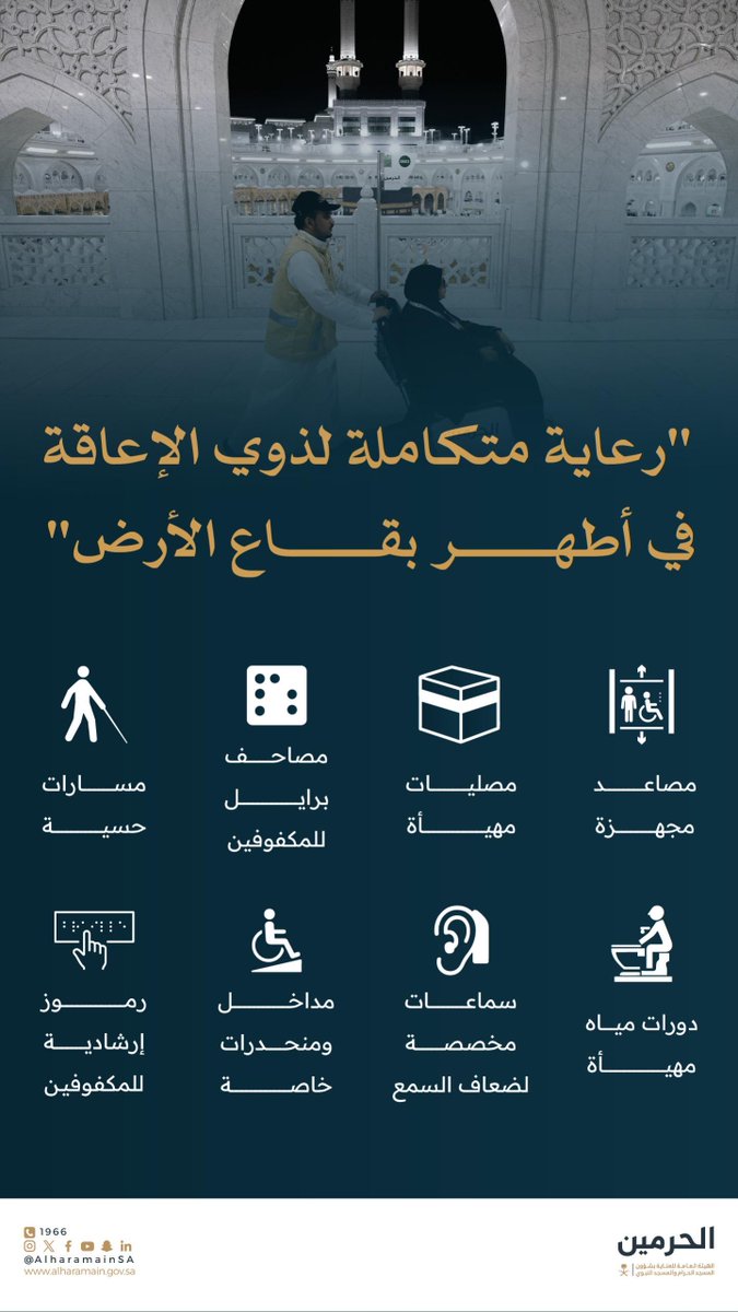 AlharamainSA's tweet image. خدمات جليلة، وعناية فائقة نسعى من خلالها إلى توفير كافة الخدمات والسُبل لخدمة الأشخاص ذوي الإعاقة بـ #المسجد_الحرام