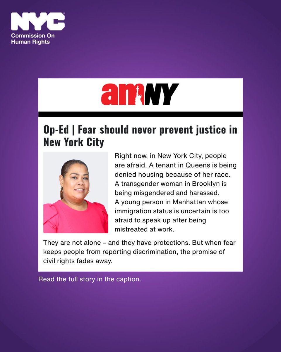 CCHR knows this is a time of fear &amp; uncertainty. But we also know that NYC'ers are stronger than anyone. Whether you’re facing discrimination, harassment, or bias, you have rights. And you have someone to call.

Learn more from Comm'r/Chair Annabel Palma: amny.com/opinion/fear-s…