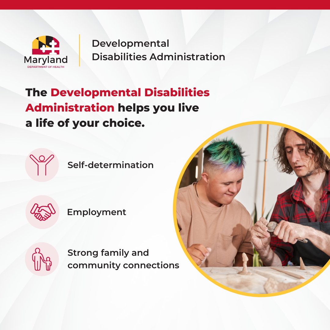 MDHealthDept's tweet image. The @MDHealthDept Developmental Disabilities Administration helps individuals live a life of their choice by promoting self-determination, employment, independence, and connections with family and the community.
Learn more: bit.ly/45QleZU